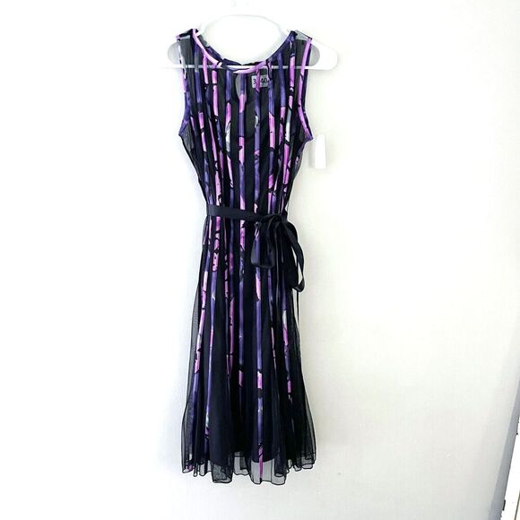 Sandra Darren Womens Purple Black Party Dress 8 Sleeveless Striped Chiffon NWT - Picture 1 of 13